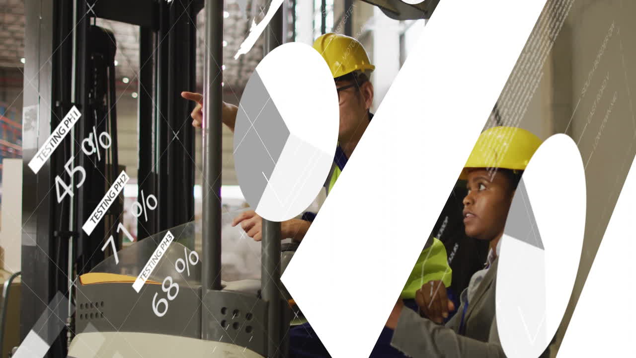 창고의 다양한 노동자들에 대한 금융 데이터 처리 애니메이션