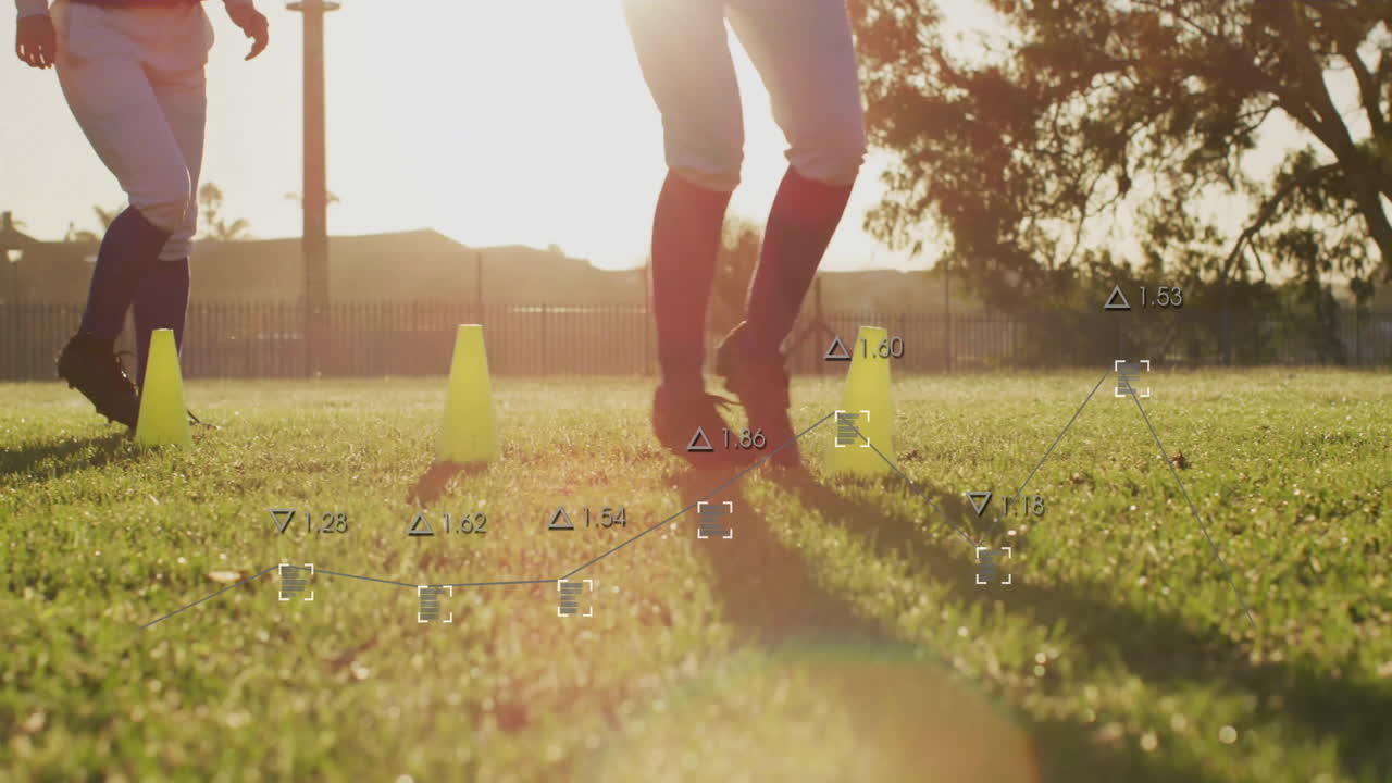 Two women performing soccer agility drill on turf, showcasing animated performance analytics