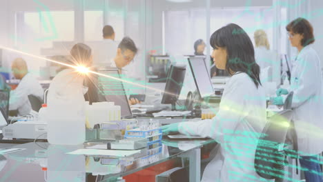 animación del procesamiento de datos científicos sobre diversos científicos en el laboratorio