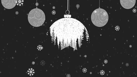 Animation-of-snow-falling-over-christmas-trees-and-baubles-on-black-background