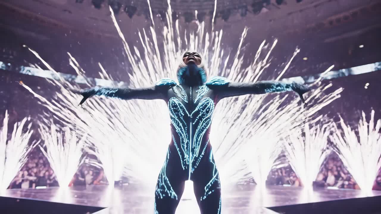 Futuristic Performance with Lights and Fireworks