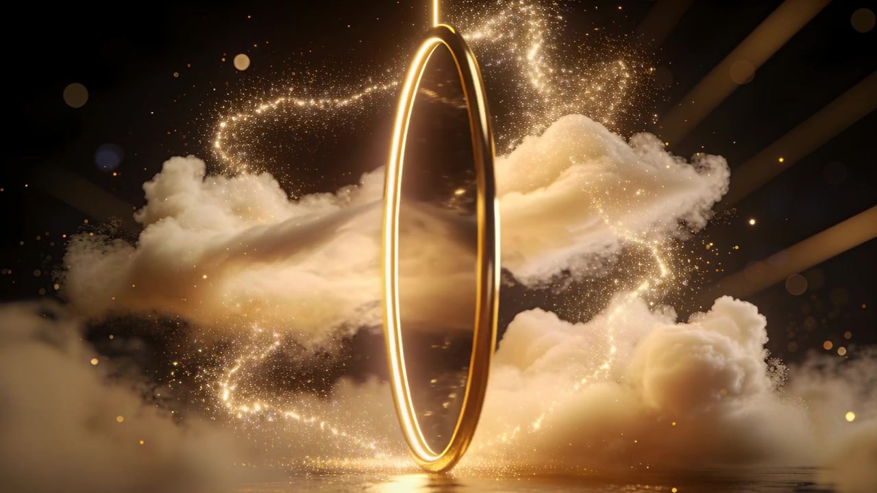 Un anello dorato luminoso che ruota e si inclina su un palco scuro quando un raggio verticale lo colpisce, con scintille.