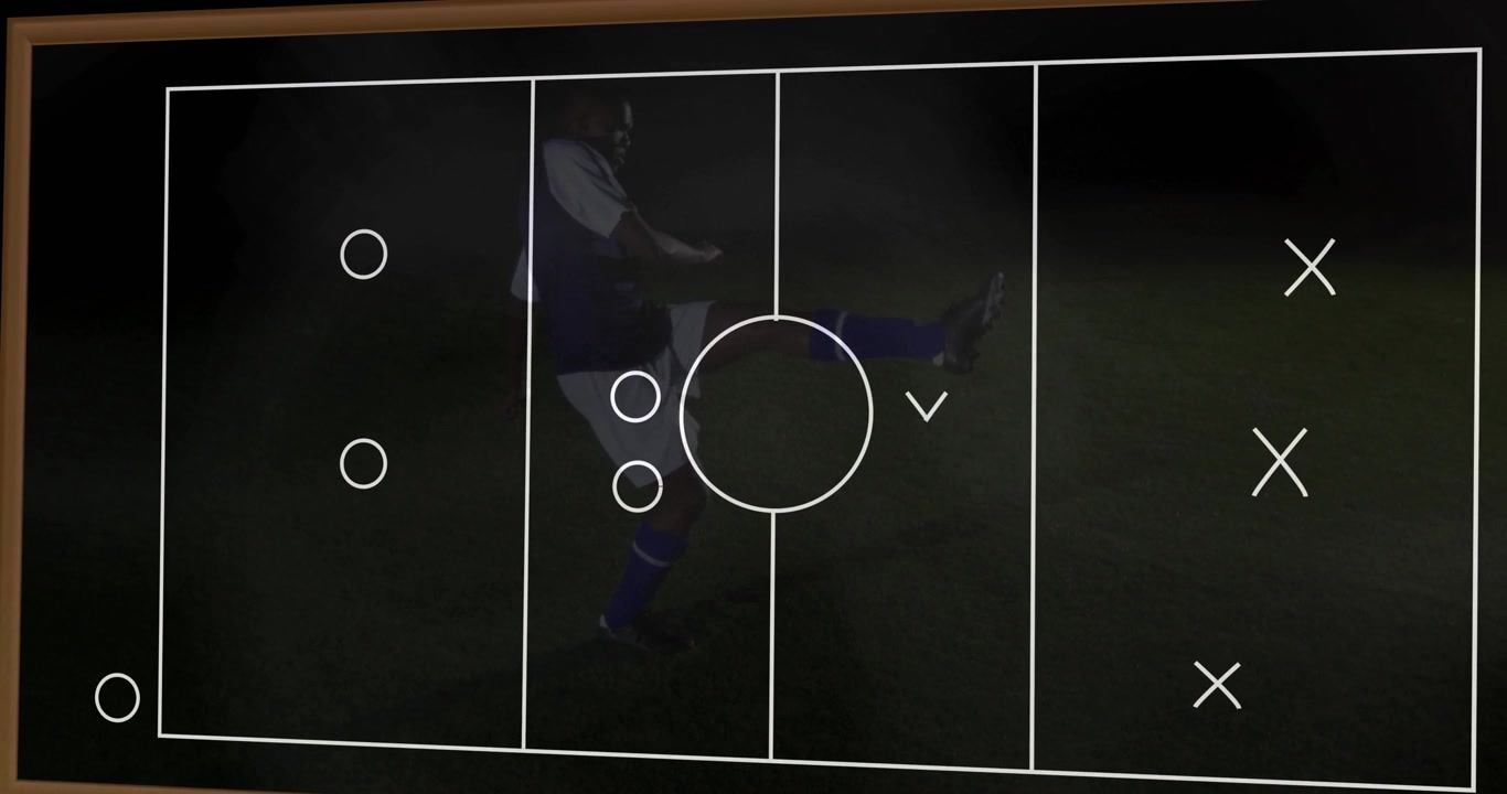 Male soccer player controlling ball while tactics framed overlay loading and visualizing pass right