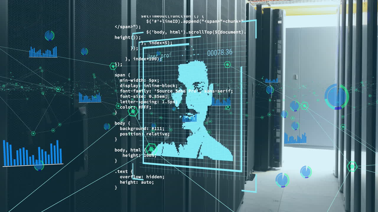 Animation of changing profile icons, network of connections and data processing against server room