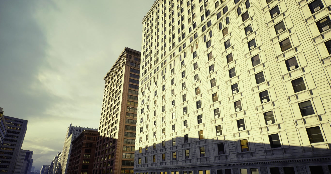 Glowing metropolitan high rises with long shadows and renovation visions