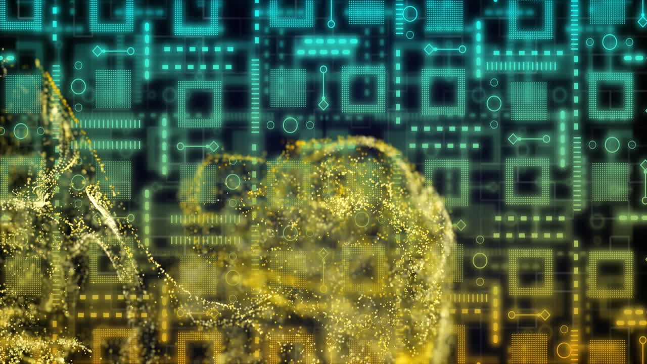 Animazione di mesh gialla, elaborazione dati su scheda madre del computer