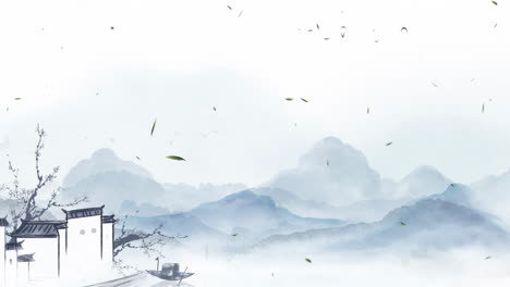 Mysterious-landscape-China's-traditional-Oriental-Digital-Art-animation,-Chinese-retro-painting-ink-misty-mountain-with-flowers,-tree,-birds,-river-in-fog-background