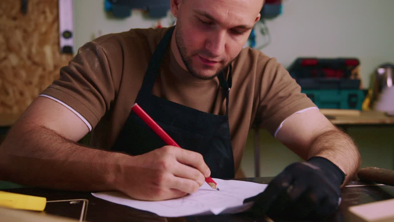 Falegname Concentrato che Schizza un Progetto su Carta in Officina