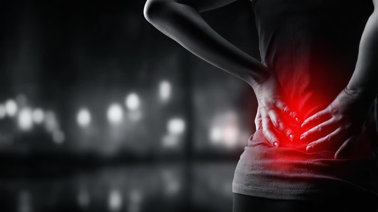 A woman experiencing significant discomfort and pain in her lower back, highlighting the struggles of managing chronic pain in a visually impactful and emotional manner