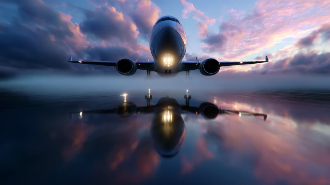 Majestic Airplane Taking Off Against a Stunning Sunset Sky Reflected in a Wet Runway Surrounded by Dramatic Clouds, Capturing the Essence of Aviation and the Beauty of Nature in Perfect Harmony