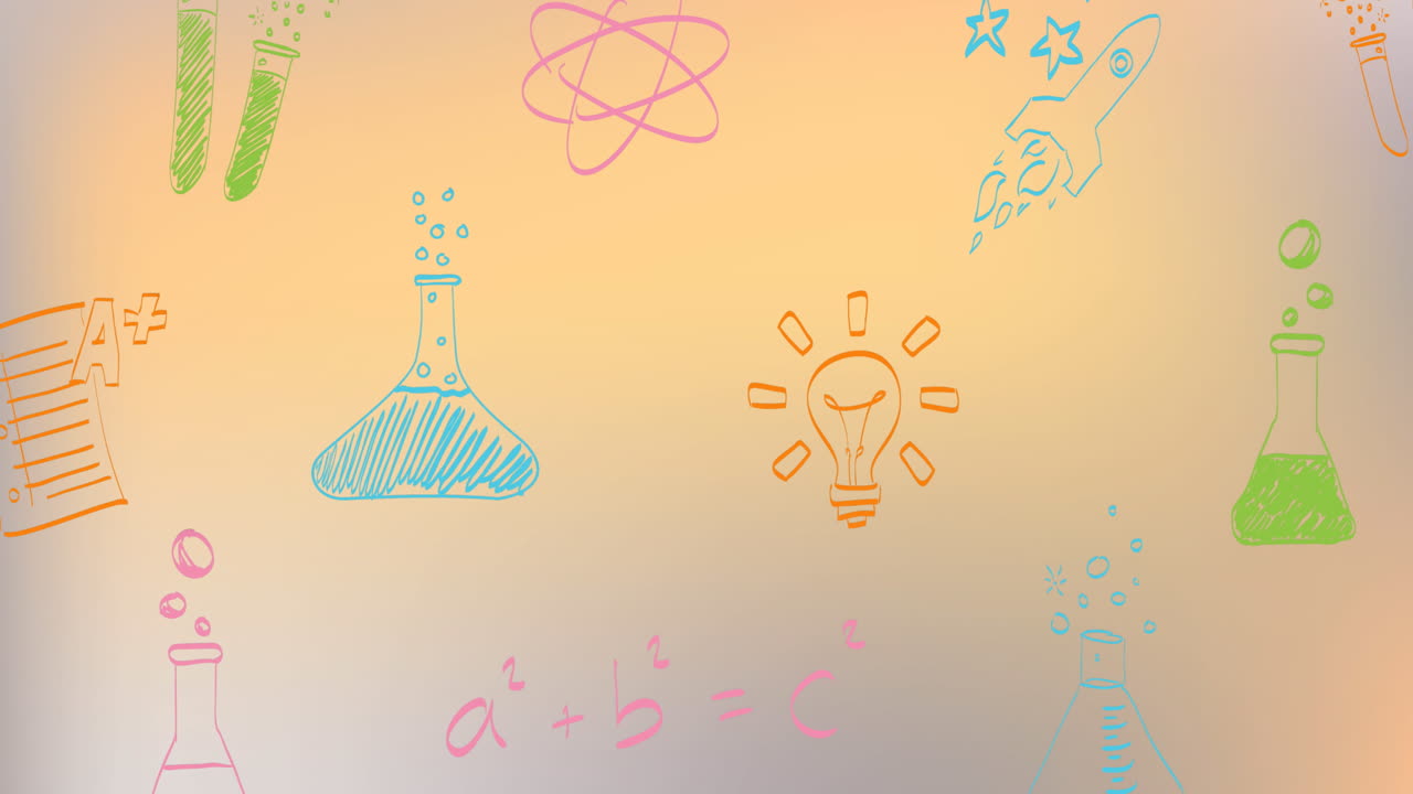 animación de múltiples iconos de conceptos científicos contra el espacio de copia en un fondo de gradiente naranja.