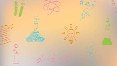 animación de múltiples iconos de conceptos científicos contra el espacio de copia en un fondo de gradiente naranja.