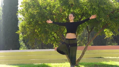 Woman-practicing-yoga-poses-surrounded-by-trees-and-nature-of-a-park