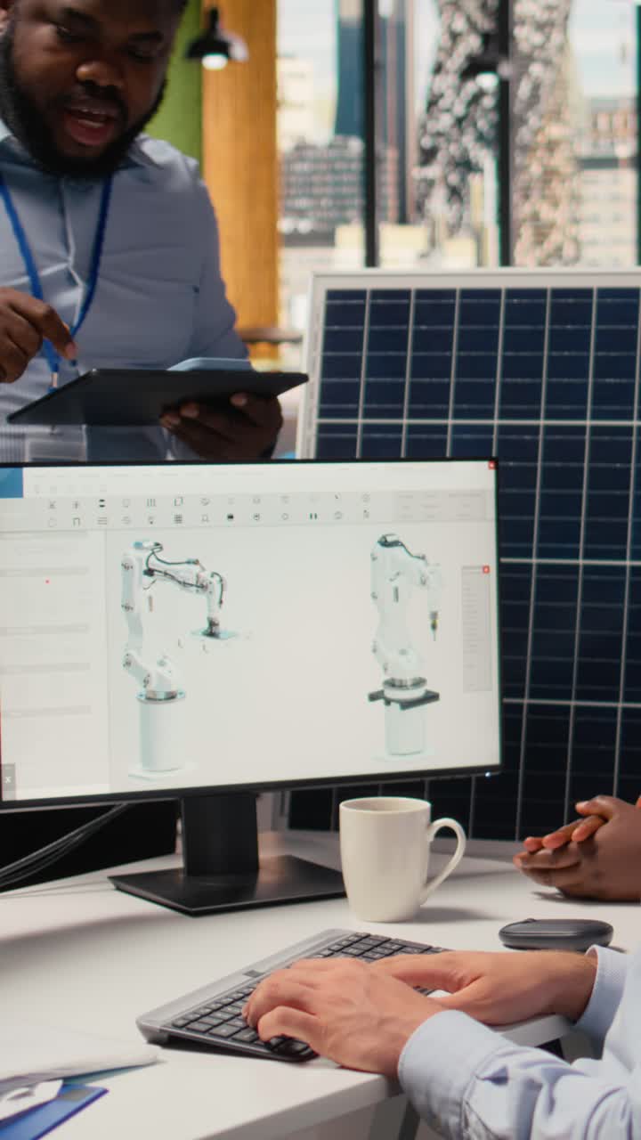 RD office colleagues brainstorming to produce green energy with solar panels