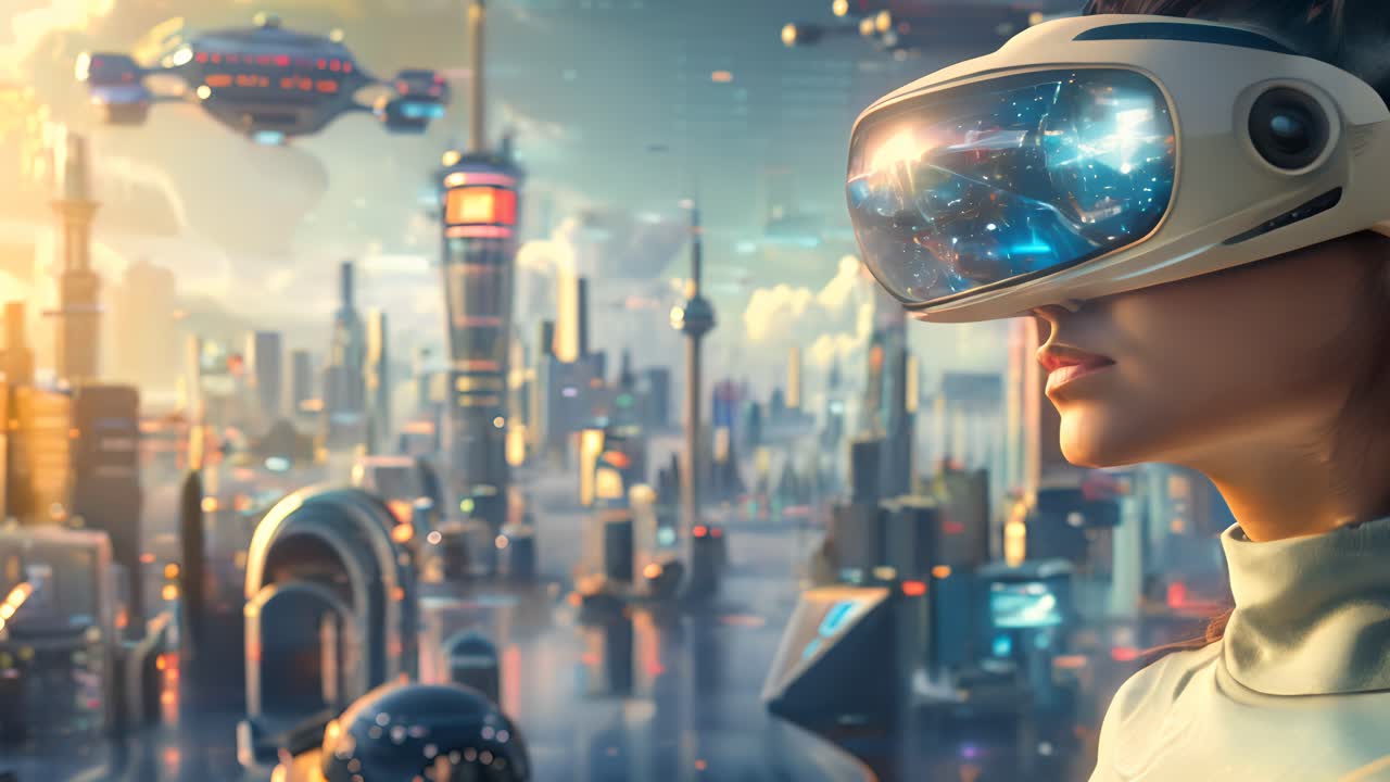 Woman wearing VR headset in a futuristic city