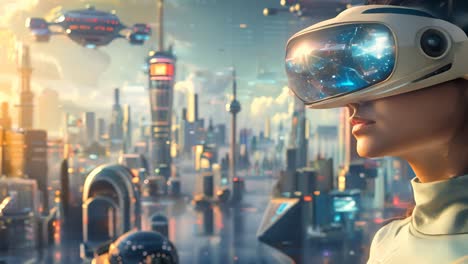 woman wearing vr headset in a futuristic city