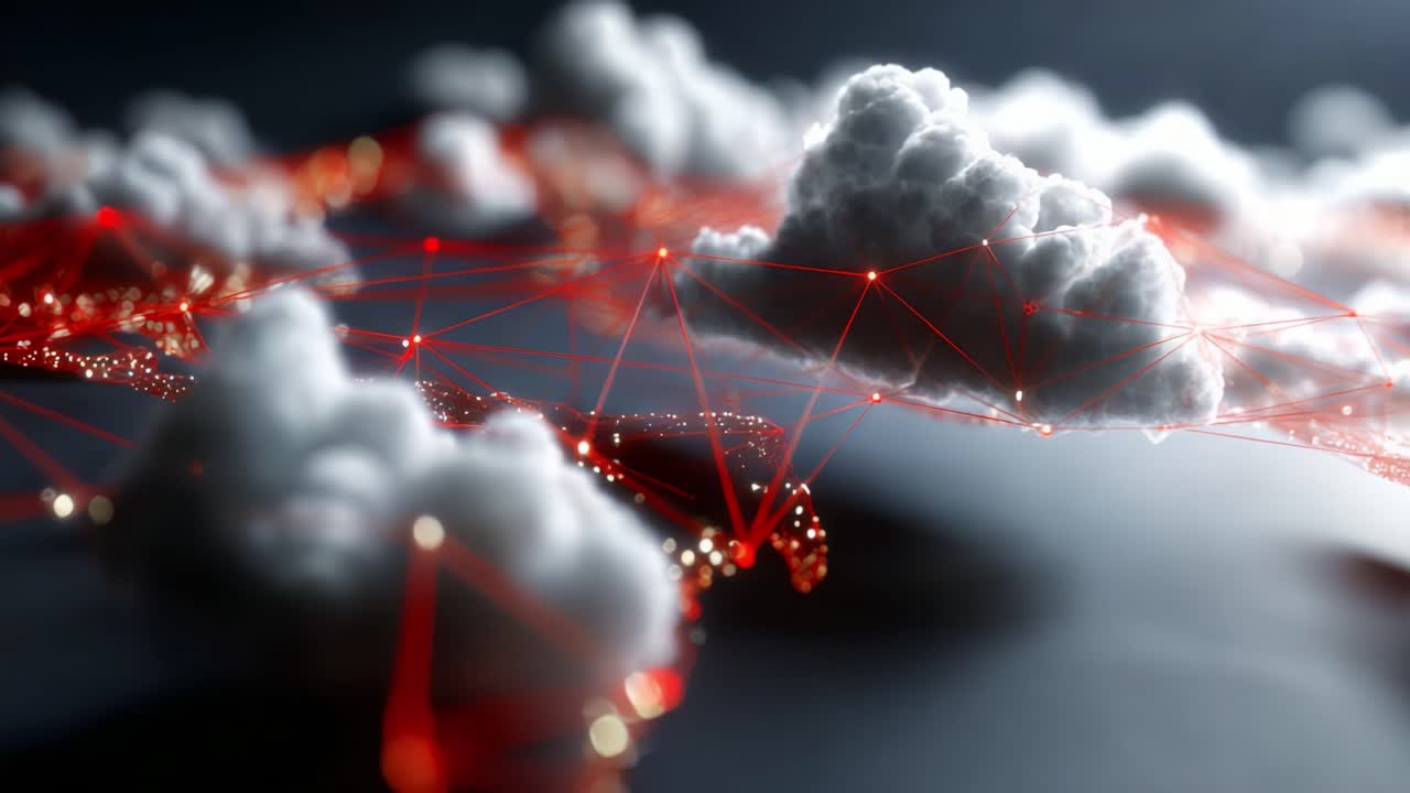 Aerial View of Digital Clouds Connected with Red Network Lines, Representing Advanced Technology Concepts and the Intersection of Nature and Data in a Stunning Visual Landscape