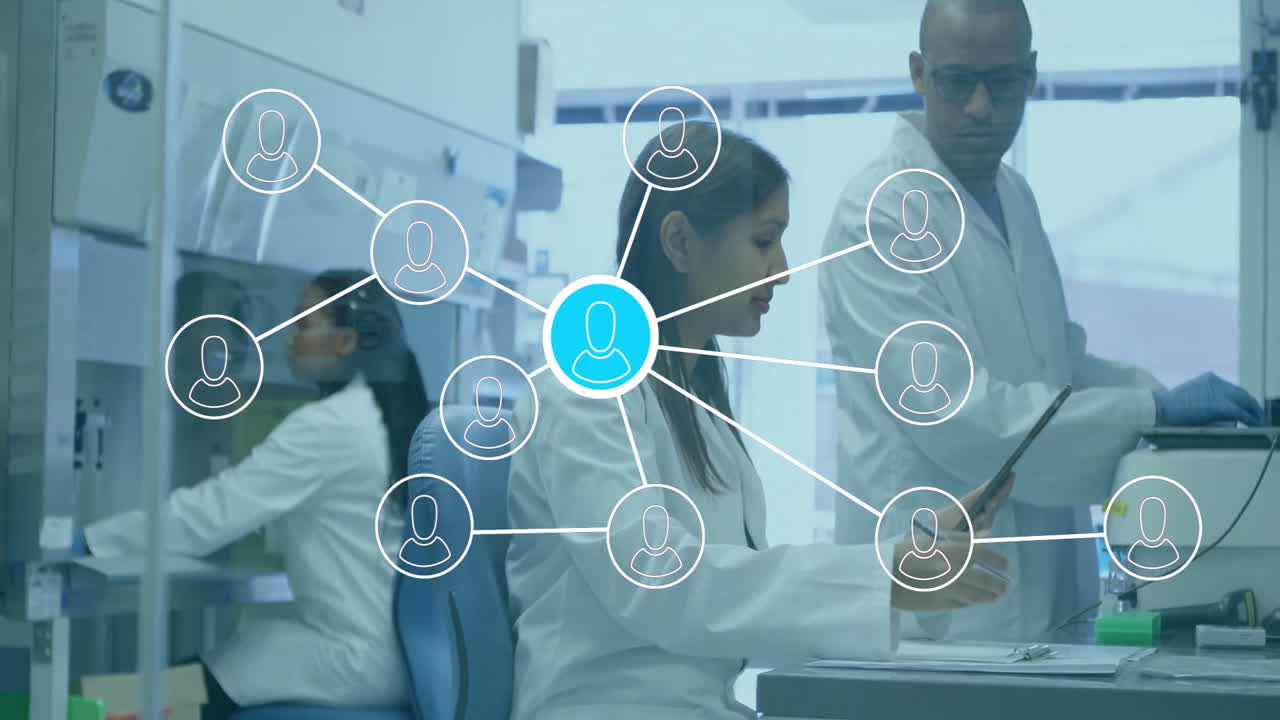 Animation of network of people icons over diverse scientists at work in laboratory