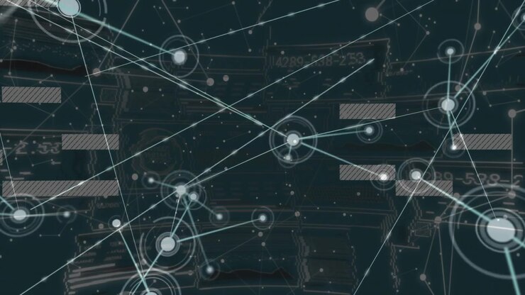 Central node pulsing and sending branching links while nodes forming and bars shifting for mapping