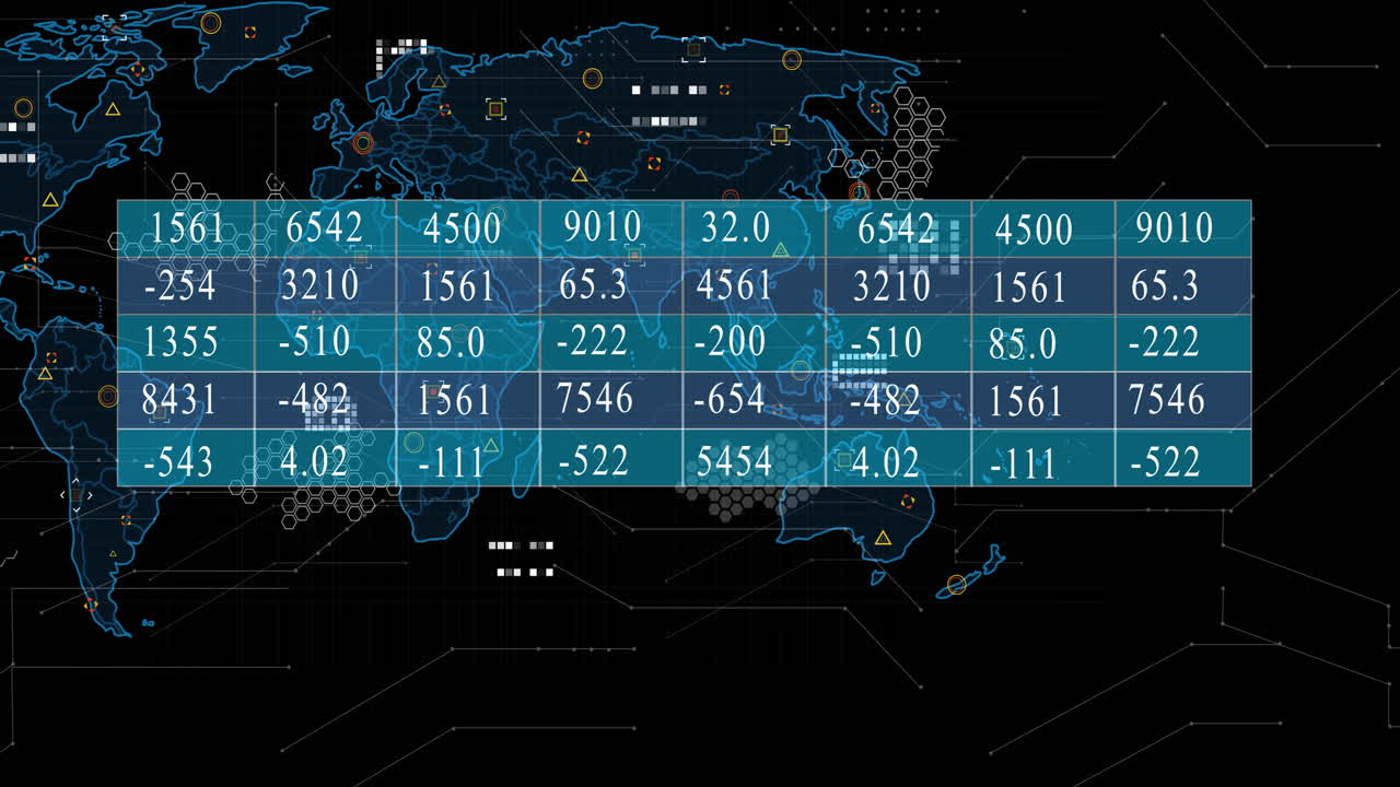 Data processing animation overlaying numerical and graphical information on world map