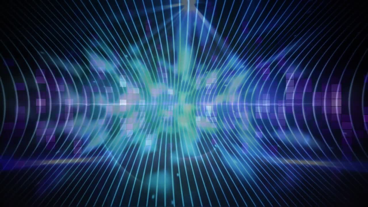 Animation of glowing spots and light trails with graphic music equalizer moving