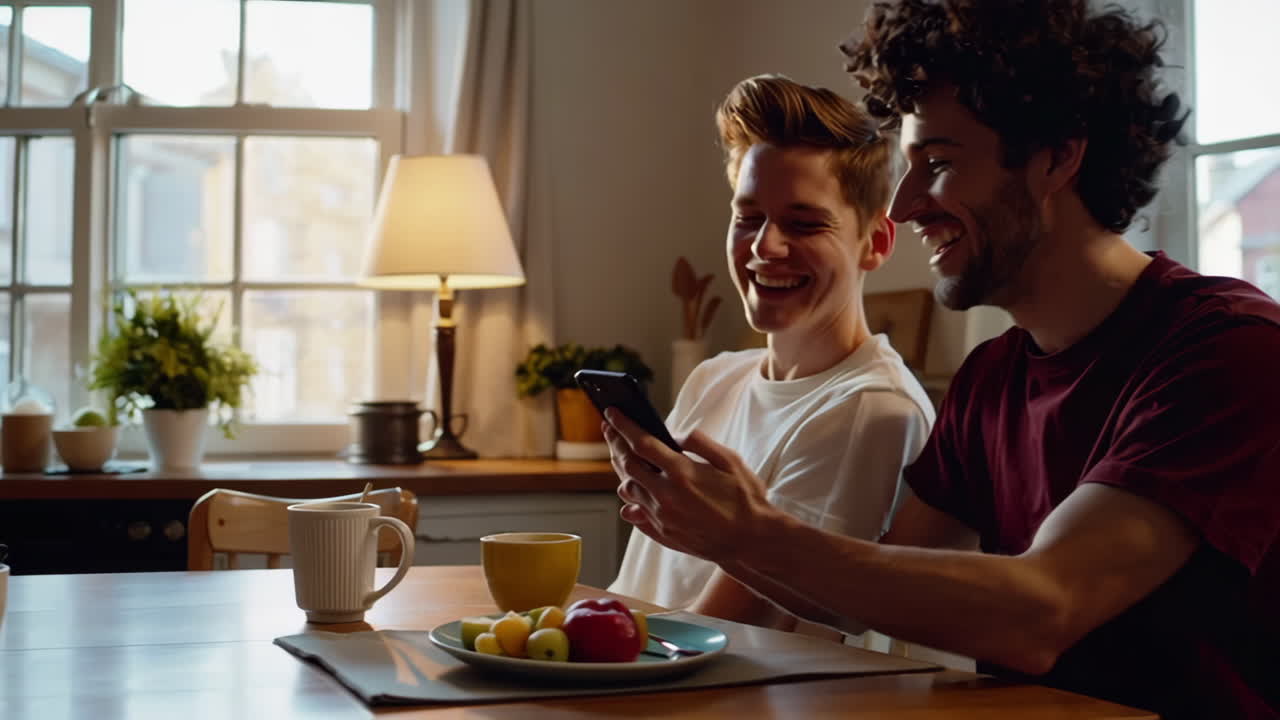 Two men smiling and looking at smartphone at table