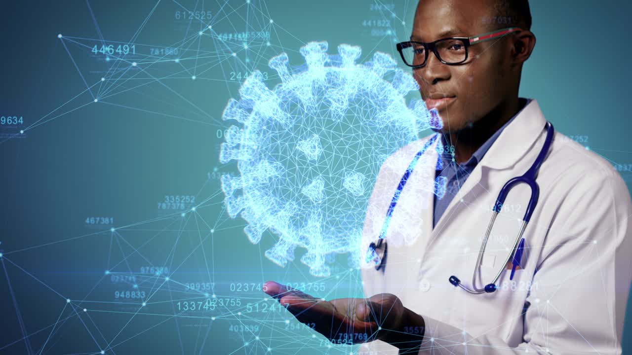 el médico analiza los resultados de las pruebas de covid-19 utilizando tecnología científica de hologramas digitales. animación 3d tecnologías médicas futuristas en atención médica y medicina. concepto de medicina de trabajo de médicos afroamericanos.