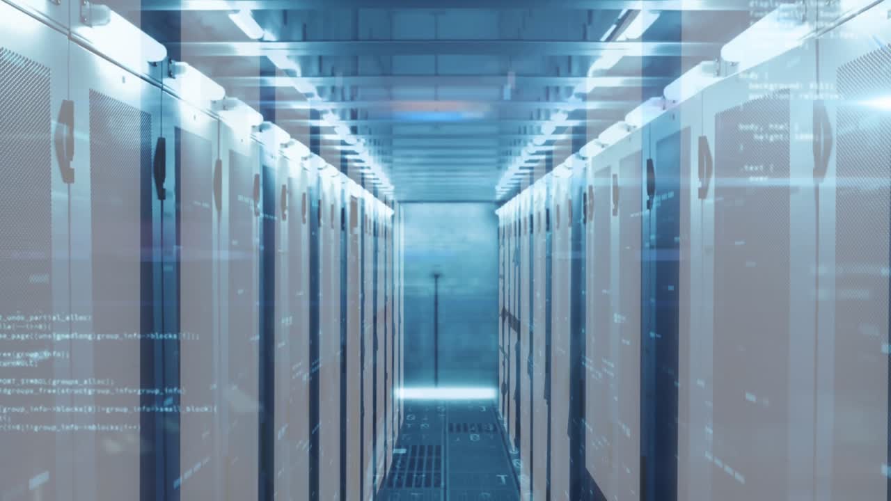 Animation of cyber security text banner, security padlock icon, data processing against server room