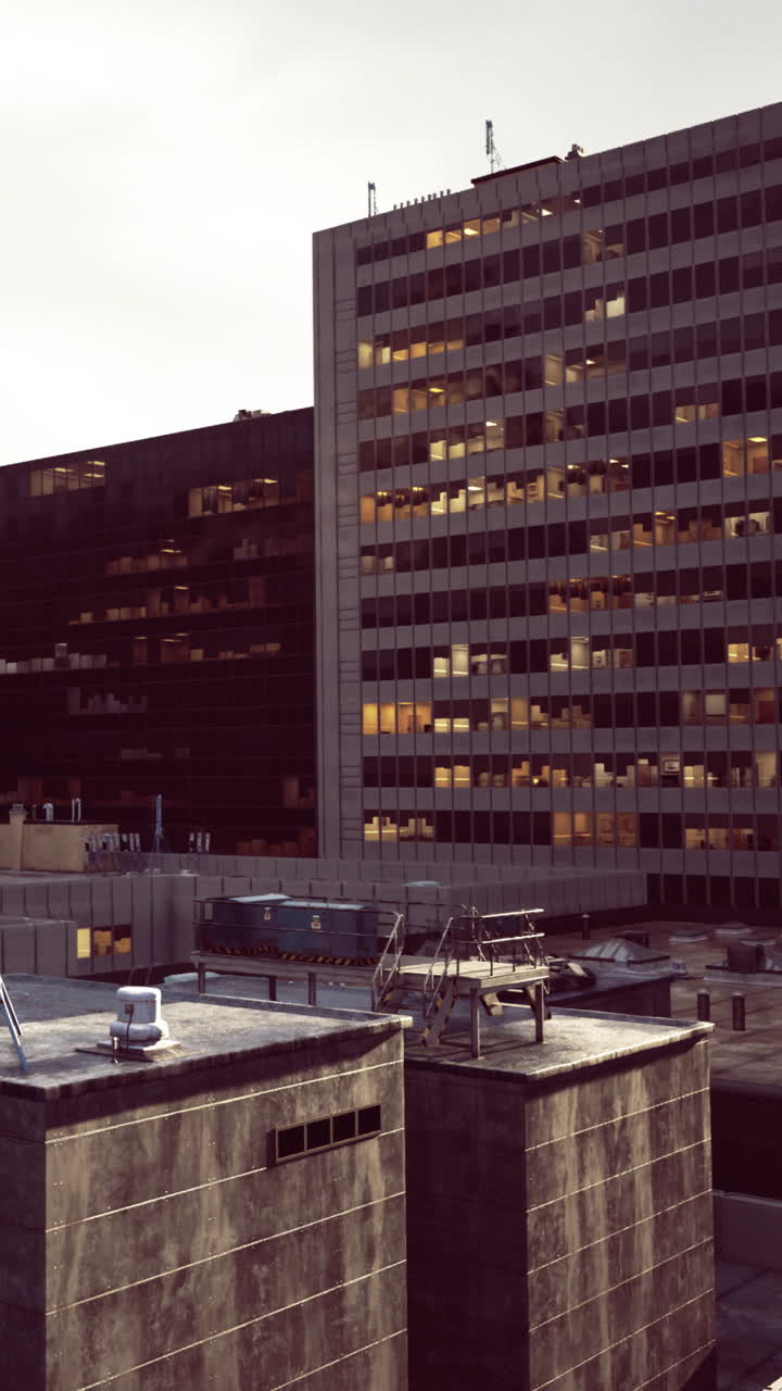 Paisaje urbano al atardecer revelando el resplandor de las oficinas y azoteas de la ciudad