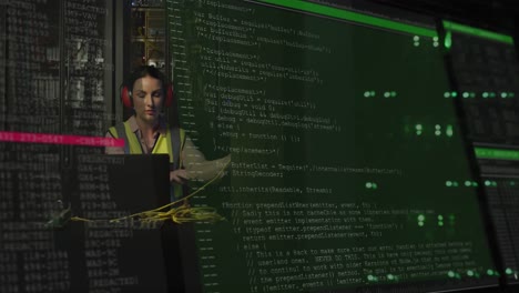 Animation-of-data-processing-over-caucasian-female-it-engineer-with-laptop-checking-computer-servers