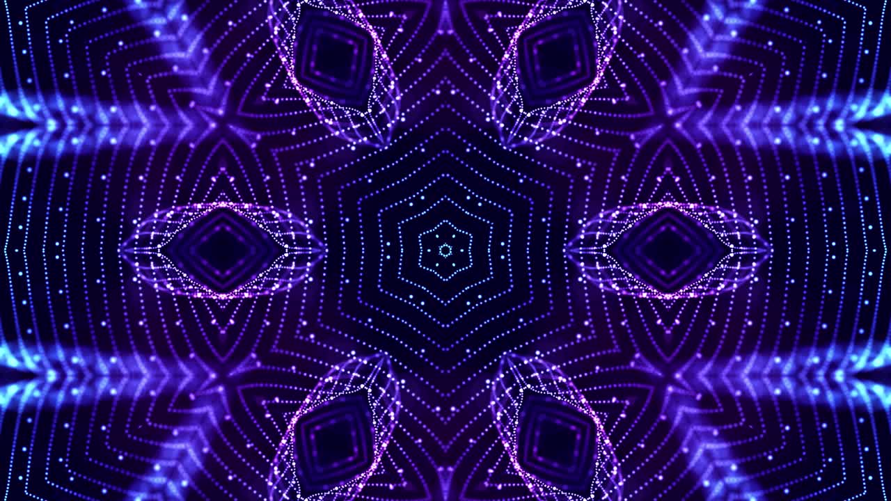 4k looped sci-fi 3d background with glow blue particles form lines, surfaces, complex symmetrical structures like star in kaleidoscope. Abstract theme of microworld or nanotechnology 25