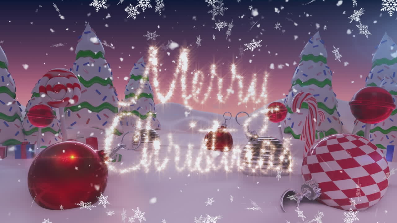 크리스마스 장식 위에 메리 크리스마스 텍스트의 애니메이션