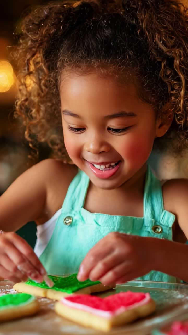 Uma experiência alegre na cozinha: uma criança criando cookies de melancia coloridos com entusiasmo e talento artístico, expressando deleite e criatividade em um ambiente acolhedor na cozinha