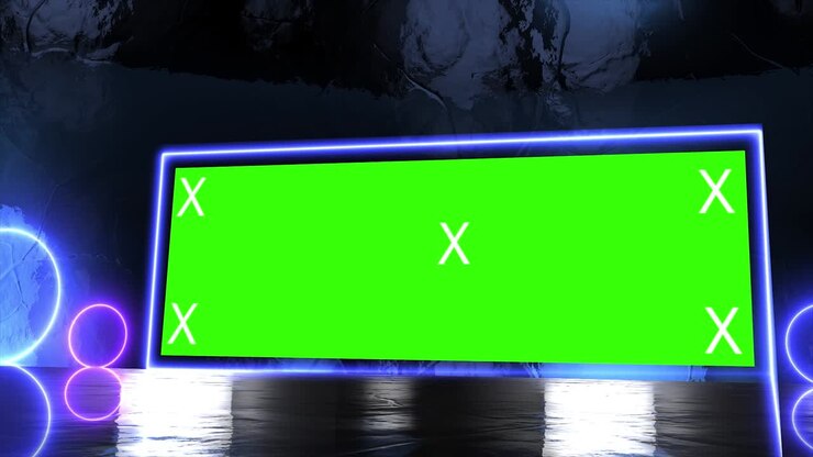Abstract creative tunnel and green screen alpha channel billboard mock up. Neon, blue purple led bars and technology, sci fi, futuristic cyber punk 3D rendering with blank frame.