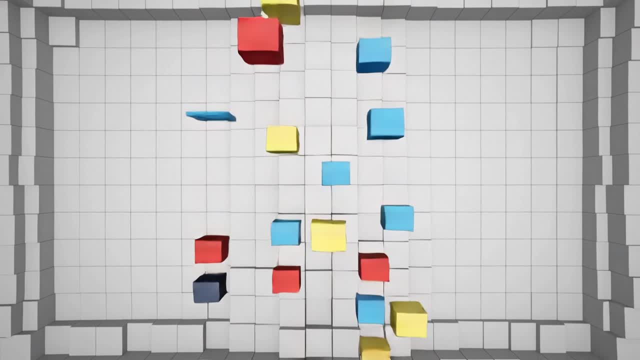 Appearing above white tiled plane, cluster of colored cubes descending into recessed central shaft
