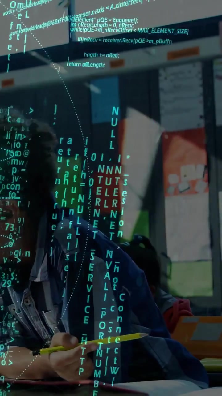 Vertical video: Globe code overlay appearing, student leaning holding yellow pen, studying tech