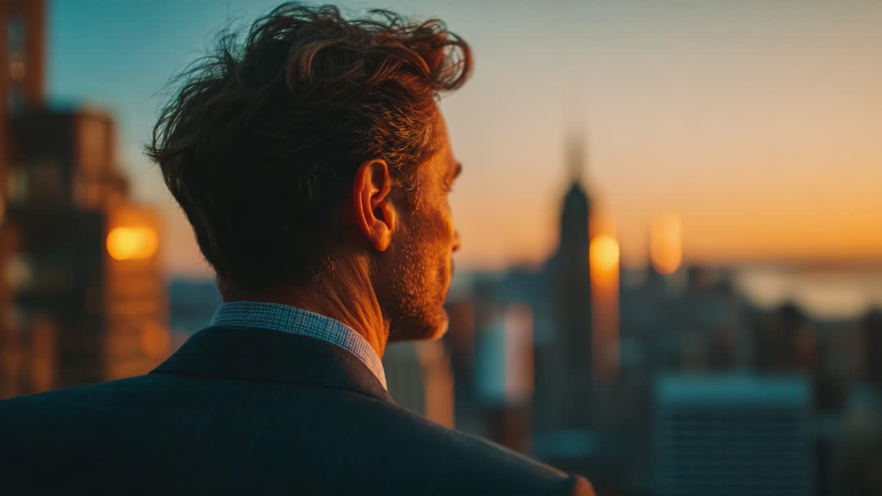 En eftertænksom person kigger på en fantastisk bysilhuet ved solnedgang, reflekterer over livet og drømme, mens den gyldne time kaster et varmt skær over bylandskabet