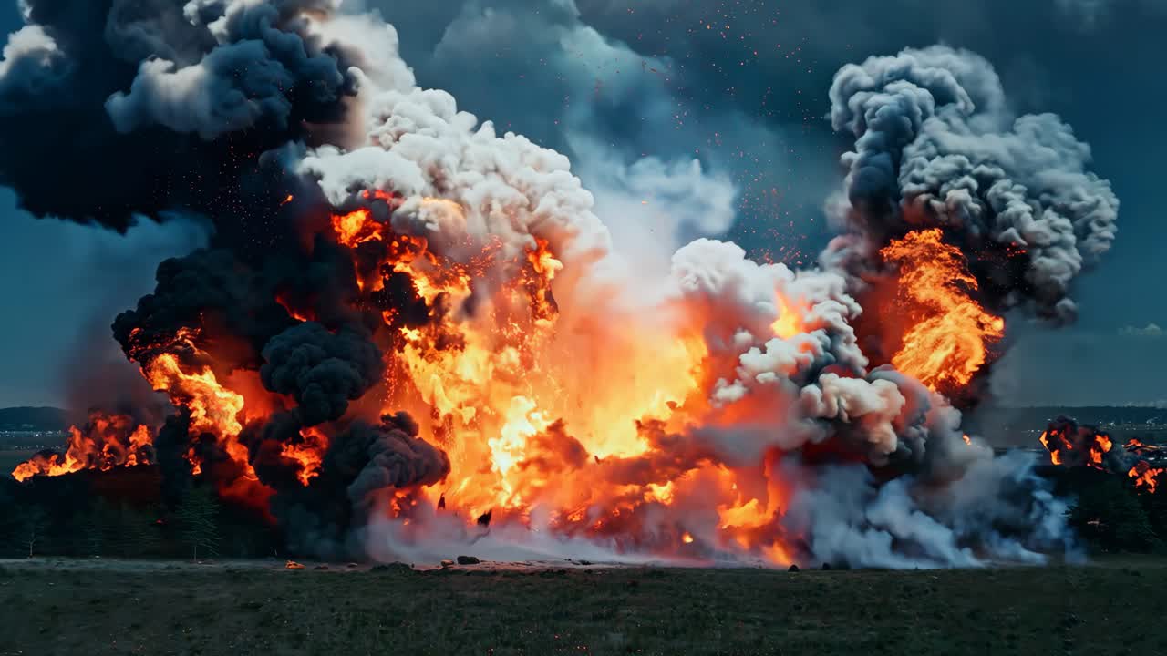 A large explosion with a lot of smoke and fire. The explosion is very large and has a lot of debris