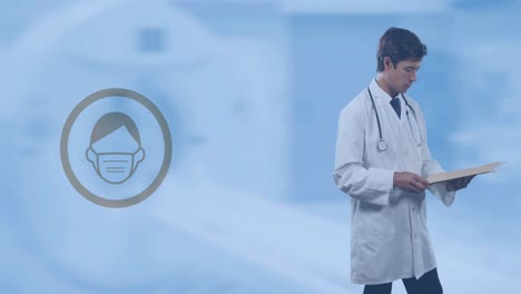 icono de covid 19 contra un médico caucásico escribiendo en el clipboard