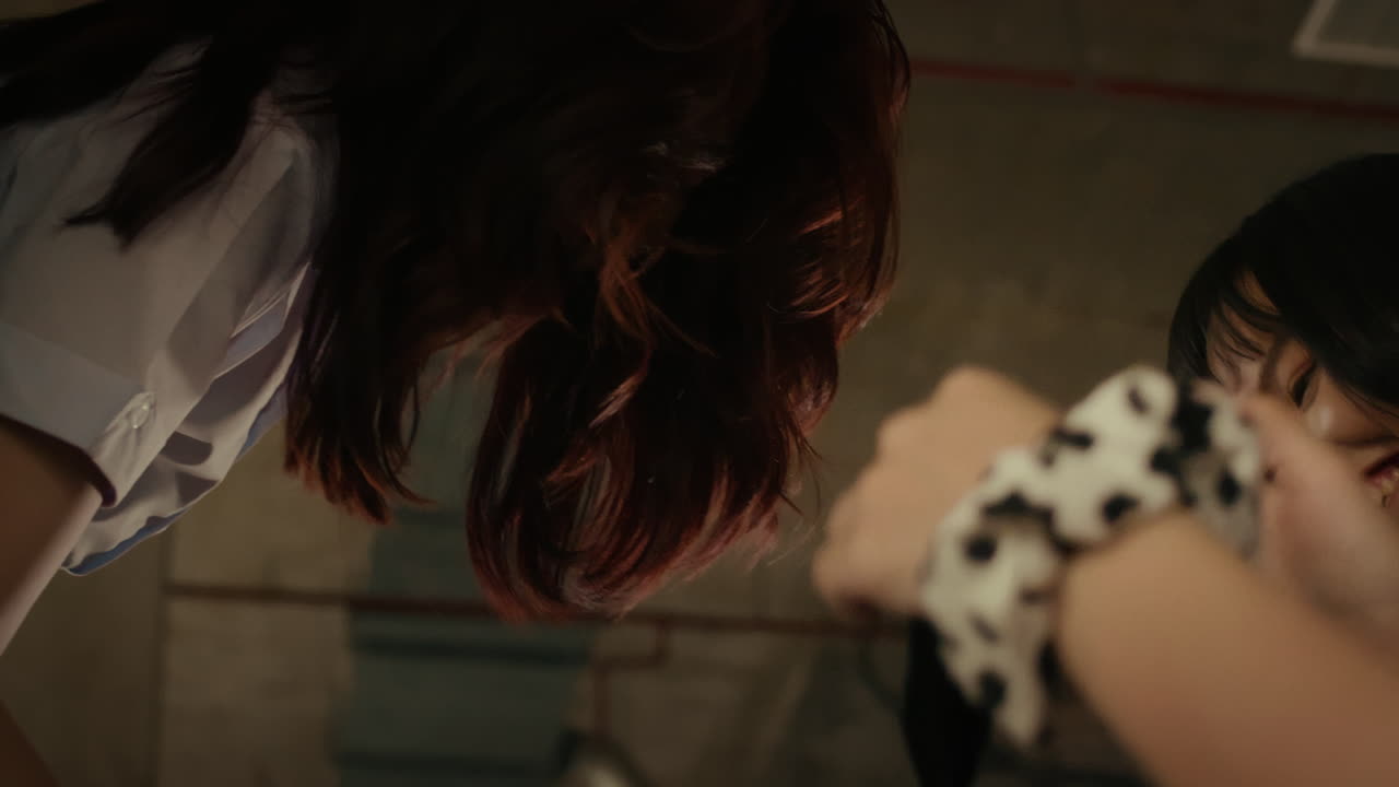 grupo asiático de chicas universitarias en uniforme divirtiéndose mientras torturan y abusan de un compañero de clase