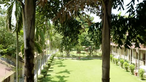 el patio verde del hotel en asia. aldea en el parque nacional de chitwan, nepal.