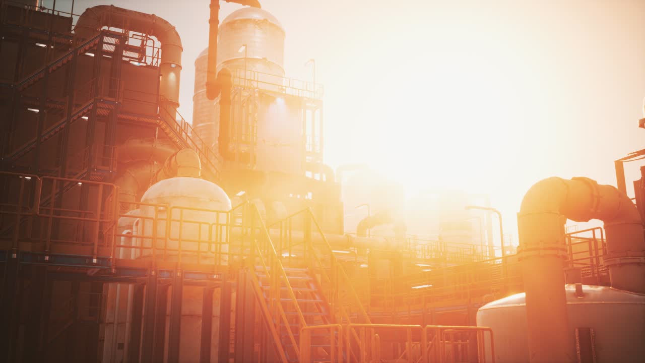 fábrica de refinería de la industria del petróleo al atardecer