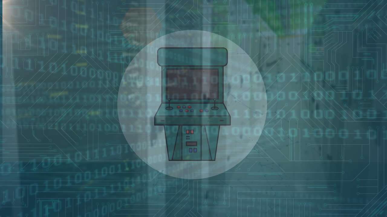 Animation of video game icon, binary coding, data processing over glowing computer circuit board