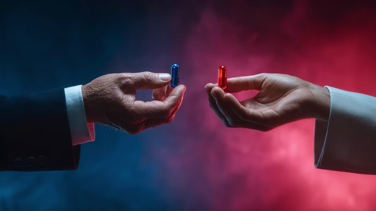 The Choice Between Two Paths: An Immersive Visual Depiction of Duality, Temptation, and Transformation in a Mystical Atmosphere with Colored Capsules