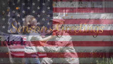 animation of document and caucasian male soldier with daughter over flag of usa