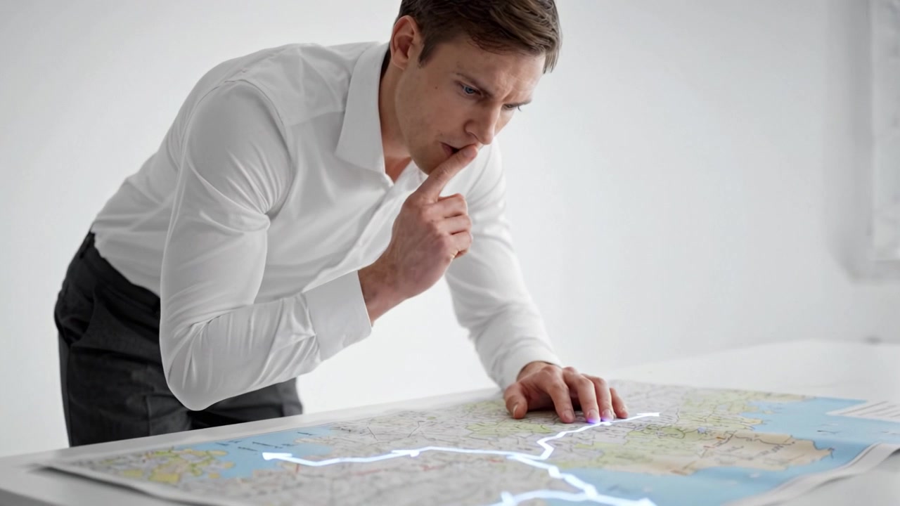 Individuo concentrado analizando un mapa sobre una mesa, utilizando funciones digitales para mejorar la navegación y la comprensión espacial en un entorno de trabajo moderno.