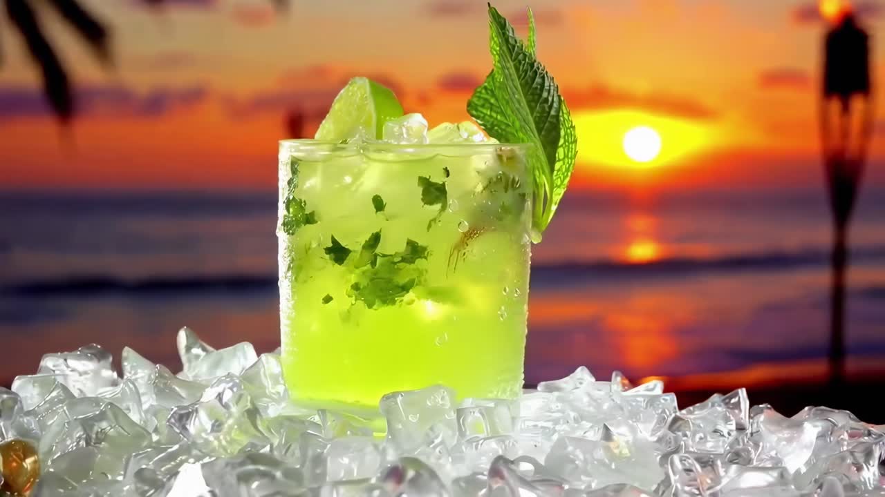 Oppfriskende cocktail med lime og mynte på is, solnedgang på stranden i bakgrunnen, videoopptak med lav vinkel