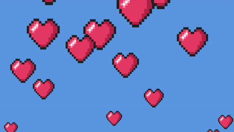 pixelated heart icons moving against blue background