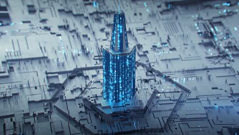 tower made of glowing blue digital hex code seamless loop 3d render animation