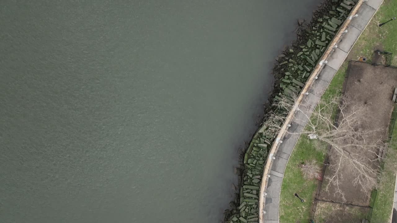 흐린 날 뉴욕주 루즈벨트 섬에 있는 공원 근처의 동쪽 강의 하향식 전망